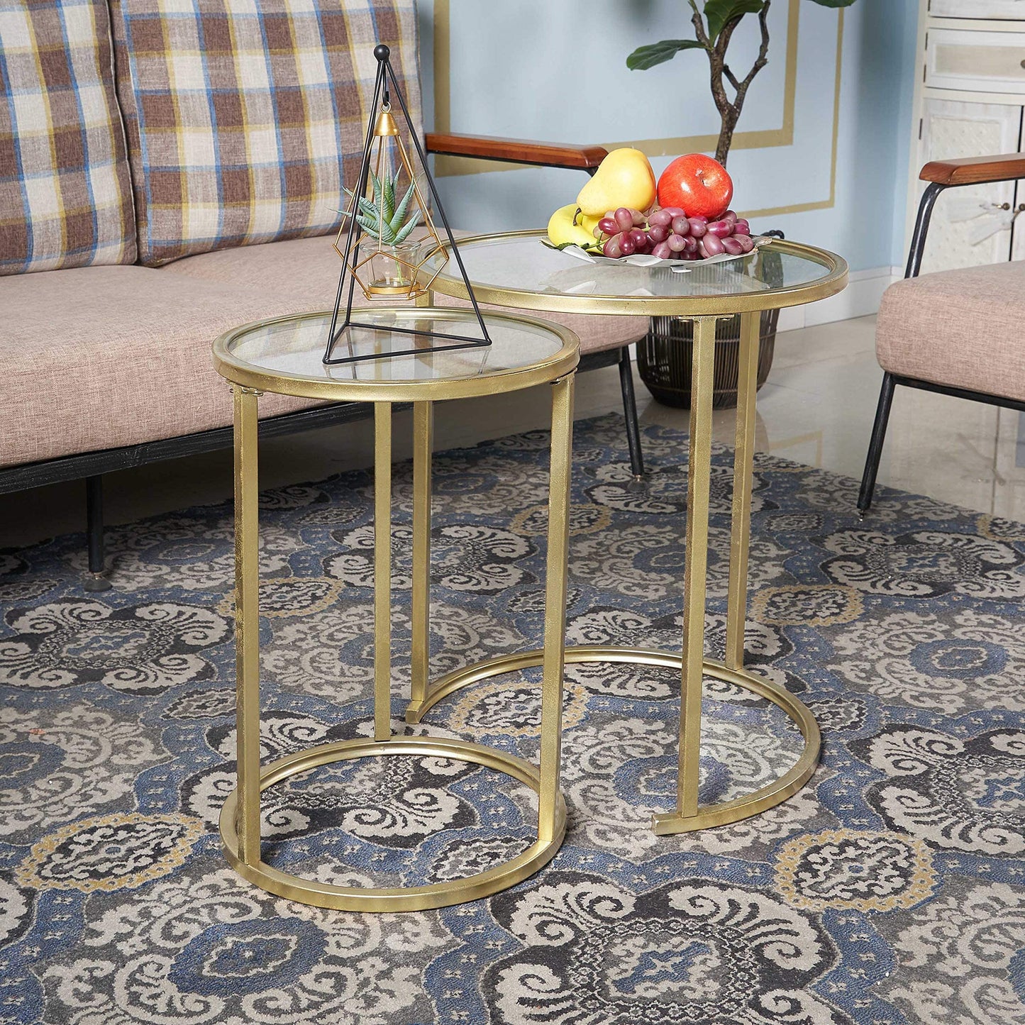 RiteSune Gold Glass Nesting Side End Tables Set of 2, Round Small Stacking Drink Coffee Table for Small Space, Living Room, Bedroom, Christmas, New Year