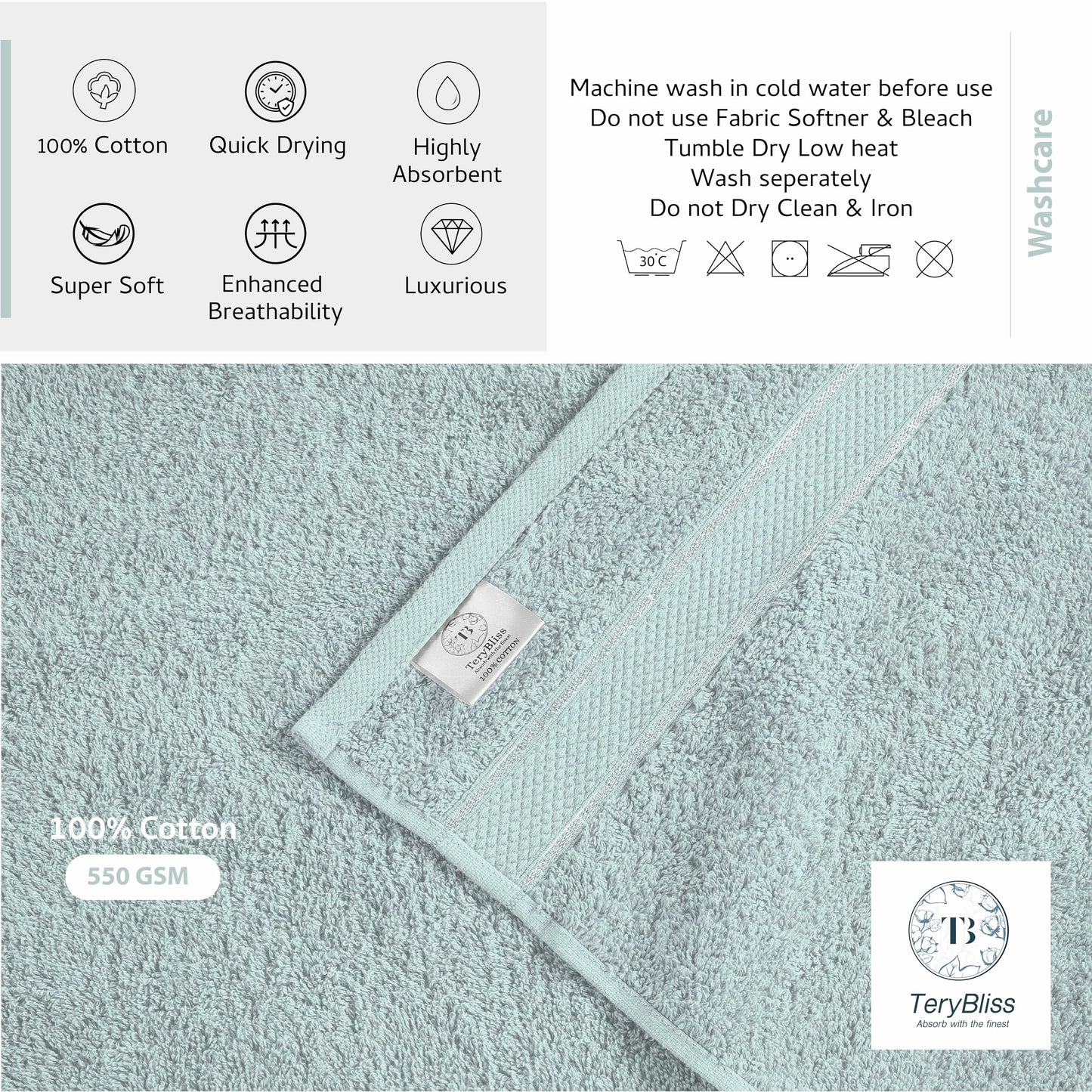 Terry Bliss 8-Piece Luxury Towel Set - 100% Ringspun Cotton, 550 GSM, Highly Absorbent, 2 Oversized Bath Towel, 2 Hand Towels, 4 Wash Cloths - Ideal for Everyday use, Hotel & Spa - Light Blue