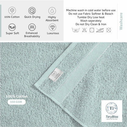 Terry Bliss 8-Piece Luxury Towel Set - 100% Ringspun Cotton, 550 GSM, Highly Absorbent, 2 Oversized Bath Towel, 2 Hand Towels, 4 Wash Cloths - Ideal for Everyday use, Hotel & Spa - Light Blue