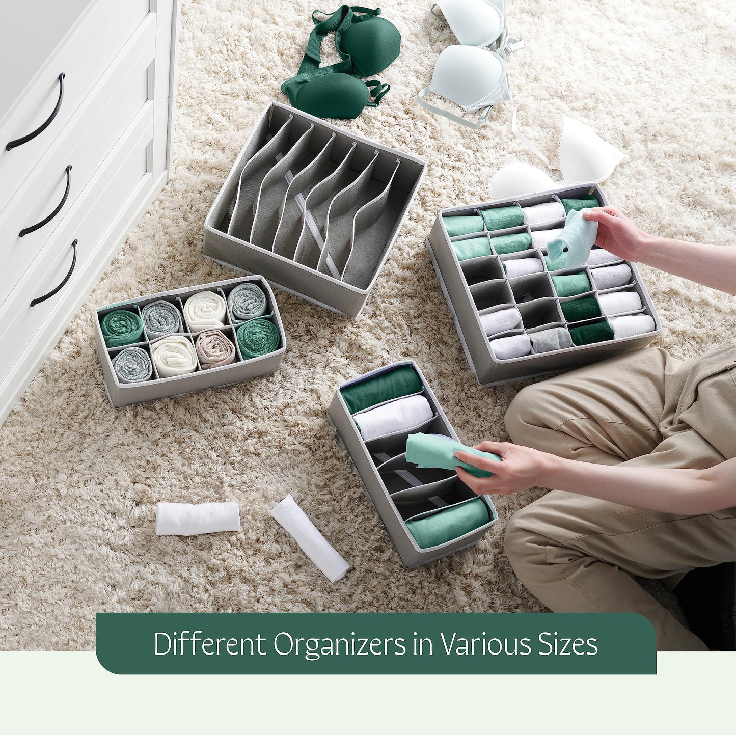 Dresser Organizer, [8 Pk] Grey Fabric Dresser Drawer Organizers (4 Sizes With 90 Slots) Foldable Underwear Drawer Organizer Breathable Bins for Bra, Lingerie, Socks, Scarves, Belt, Tie, Baby Clothes
