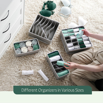 Dresser Organizer, [8 Pk] Grey Fabric Dresser Drawer Organizers (4 Sizes With 90 Slots) Foldable Underwear Drawer Organizer Breathable Bins for Bra, Lingerie, Socks, Scarves, Belt, Tie, Baby Clothes