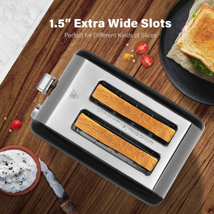 Simple Deluxe 1.5" Wide Slot 2-Slice Toaster, 5 Browning Setting and 3 Function, Retro Stainless-Steel Style, Removable Crumb Tray, Kitchen Essentials, for Bagel, Black