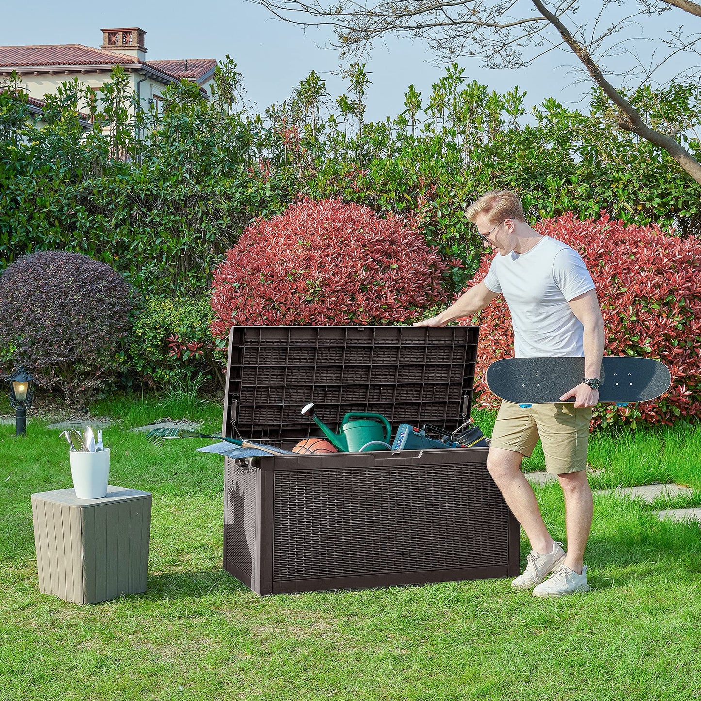 YITAHOME 100 Gallon Large Resin Deck Box Outdoor Storage with Cushion for Patio Furniture,Outdoor Cushions,Garden and Pool Supplies-Waterproof,Lockable (Brown)
