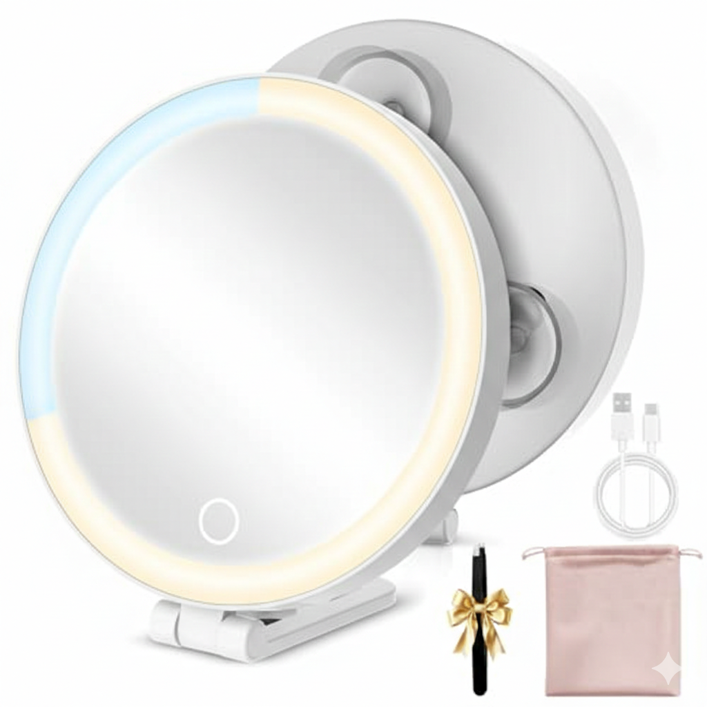 Lighted 10X Magnifying Travel Makeup Mirror