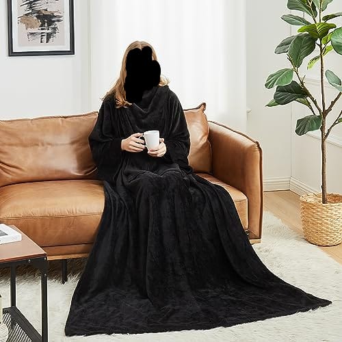 HOSUKKO Fleece blanket hoodie with Sleeves Pocket and Hat - Super Warm and Cozy Giant Blanket Hoodie - Thick Flannel Blanket - Black