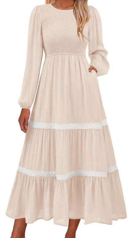 KIRUNDO Womens Fall Dresses 2024 Long Sleeve Wedding Guest Smocked Tiered Lace Trim Boho Flowy Long Dress with Pockets(Beige White, Large)