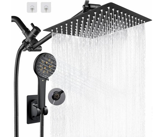 Rainfall Shower Head Combo, 12'' High Pressure Square Rain Shower with 6-Function Adjustable Spray Handheld with 13'' Extension Arm and 78'' Hose, Water Temperature Reminder, Matte Black, AWAXFOLO