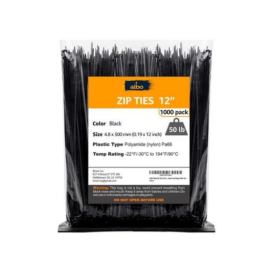 Albo Heavy Duty 12" Black Zip Ties 1000 Pack