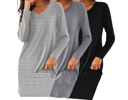 3 Pack Long Sleeve V Neck Nightgown with Pockets