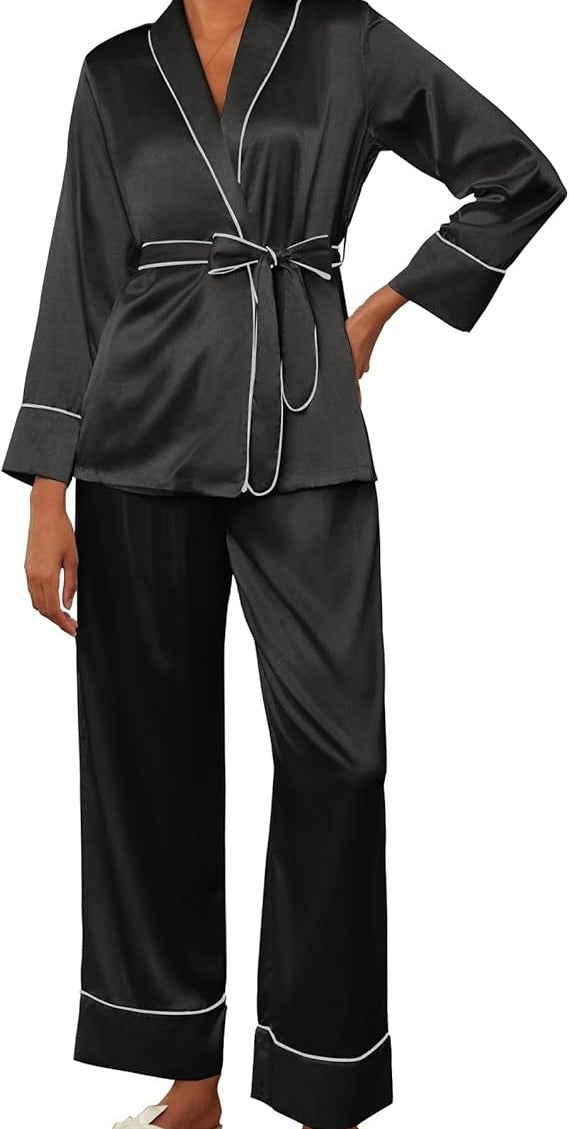 Ekouaer Satin Pjs for Women Set Silk Pajamas Set Long Sleeve Top with Pants Soft 2 Pieces Loungewear with Belt Black