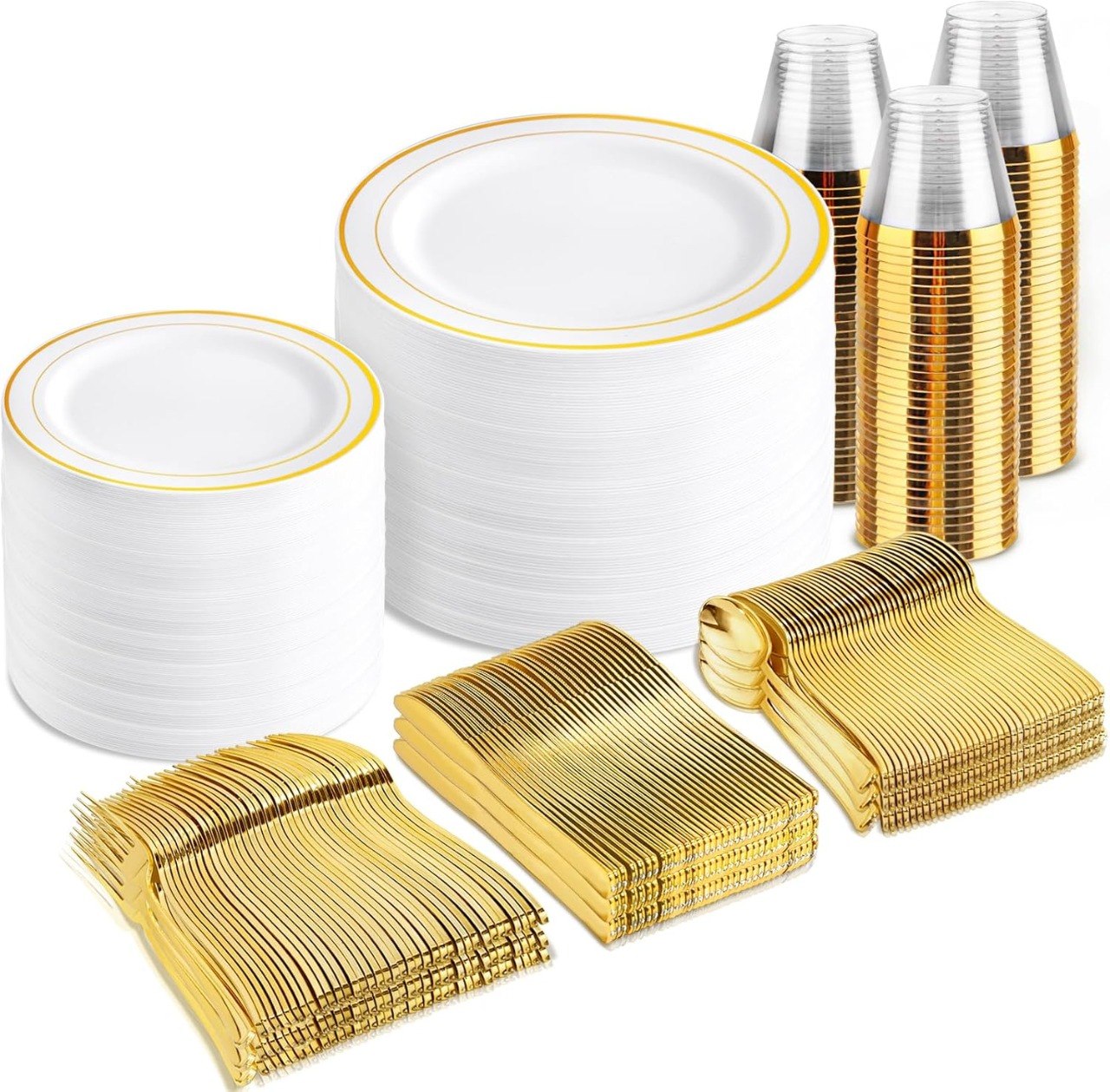 bUCLA 600Pcs White and Gold Plastic Plates
