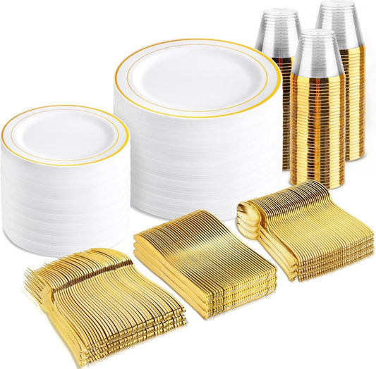 bUCLA 600Pcs White and Gold Plastic Plates