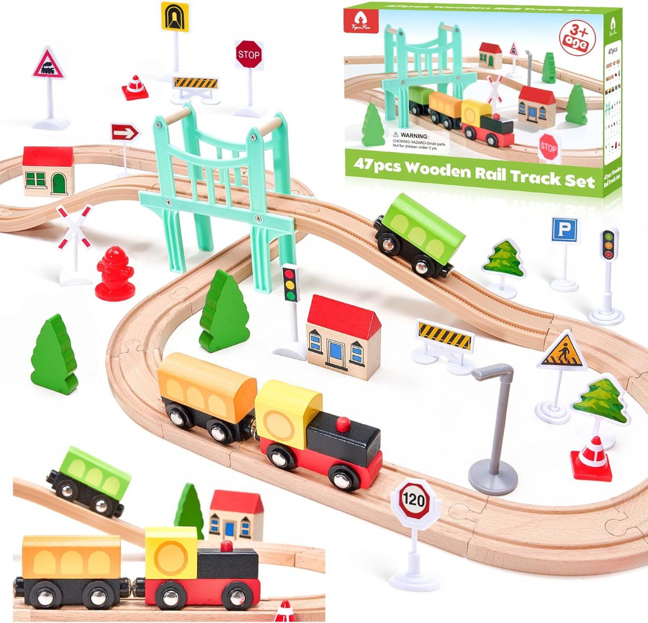 47 Piece Wooden Train Set for Toddlers
