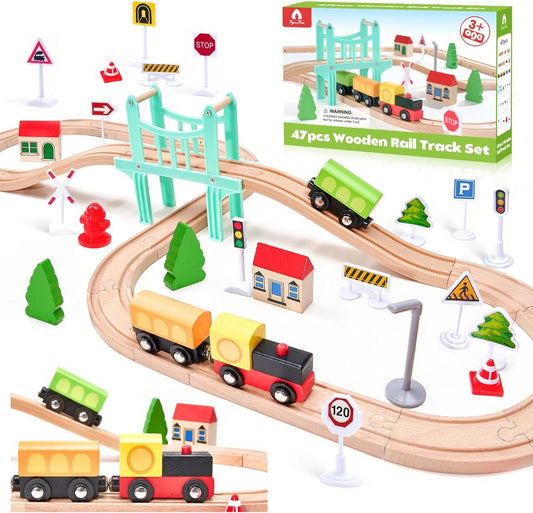 47 Piece Wooden Train Set for Toddlers