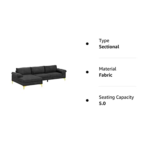 Casa Andrea Milano Modern Sectional Sofa L Shaped Velvet Couch, with Extra Wide Chaise Lounge and Gold Legs, Dark Grey