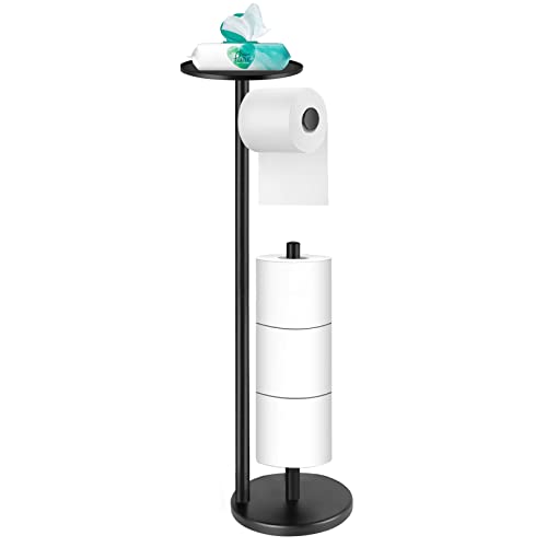 Toilet Paper Holder Stand, Bathroom Free Standing Toilet Roll Holder with Top Shelf for Phone/Wipes, Dispenser and Reserve for 4 Rolls, Black, Housen Solutions