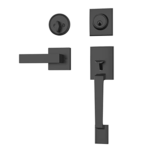 UYF Front Door Handle Set, Exteriort Door Lock Set with Single Cylinder Deadbolt and Lever, Reversible Entry Handleset for Right and Left Handed,Matte Black