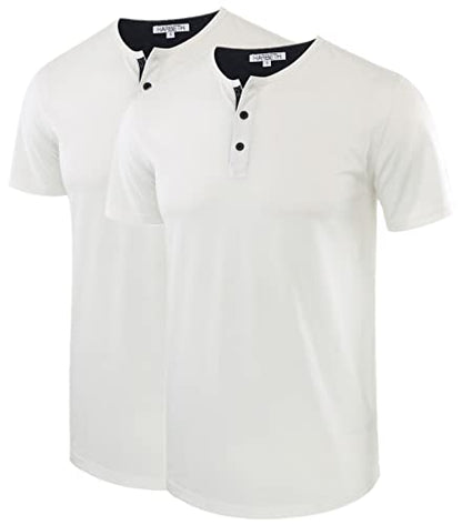 HARBETH Men's Casual Soft Athletic Regular Fit Short Sleeve Active Sports Henley Jersey Shirts White/Navy 2Pack L