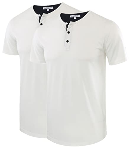 HARBETH Men's Casual Soft Athletic Regular Fit Short Sleeve Active Sports Henley Jersey Shirts White/Navy 2Pack L