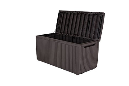 Keter Springwood 80 Gallon Resin Outdoor Storage Box for Patio Furniture Cushions, Pool Toys, and Garden Tools with Handles, Brown