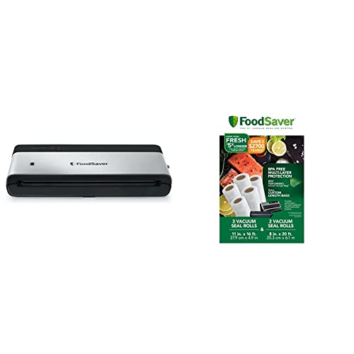 FoodSaver VS0150 PowerVac Compact Vacuum Sealing Machine, Black & 8" and 11" Vacuum Seal Rolls Multipack, Make Custom-Sized BPA-Free Vacuum Sealer Bags, Multi-Pack, Clear