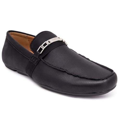 Nine West Men's Driving Moccasins with Buckle - Stylish Penny Loafers for Effortless Slip-On Style and Comfortable Footwear for Casual and Formal Occasions-Damian-Black Size-10