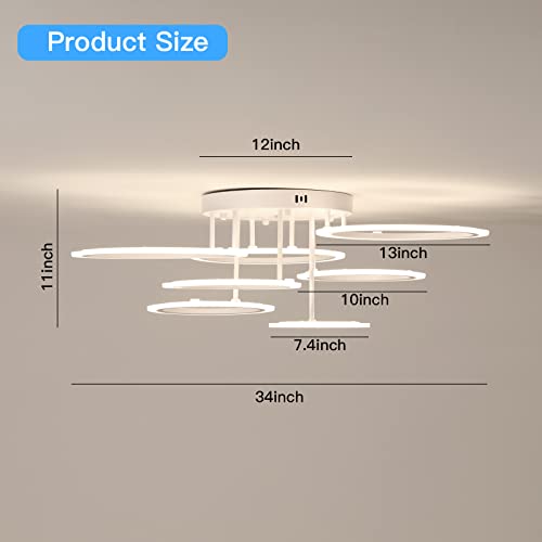 YEEZONE LED Ceiling Light, Modern Chandelier 7 Rings White Ceiling Light Fixture 34" 120W 10000LM Remote Control Dimmable 3000K-6500K for Living Room, Dining Room, Kitchen, Bedroom, Office