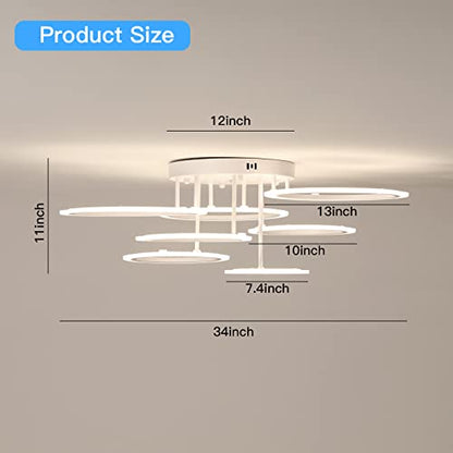 YEEZONE LED Ceiling Light, Modern Chandelier 7 Rings White Ceiling Light Fixture 34" 120W 10000LM Remote Control Dimmable 3000K-6500K for Living Room, Dining Room, Kitchen, Bedroom, Office