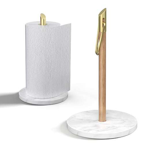 ASTOFLI Marble Paper Towel Holder Stand, Gold Paper Towel Holder Countertop, Wood Paper Towel Stand for Kitchen, Weighted Paper Towel Holder Counter, Free Standing Paper Towel Holder for Large Rolls