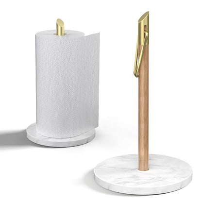 ASTOFLI Marble Paper Towel Holder Stand, Gold Paper Towel Holder Countertop, Wood Paper Towel Stand for Kitchen, Weighted Paper Towel Holder Counter, Free Standing Paper Towel Holder for Large Rolls