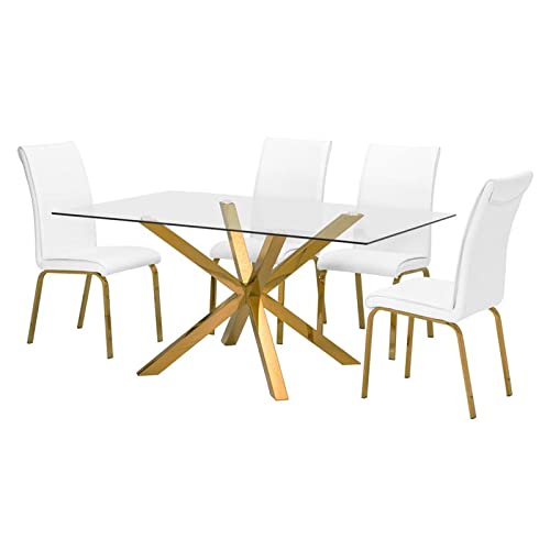 Best Quality Furniture 5PC Dining Set (1 Table + 4 Chairs), White, Gold