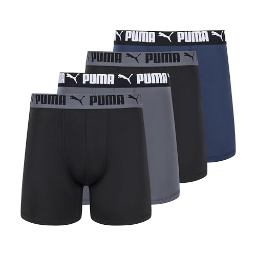 PUMA Men's 4 Pack Active Stretch Boxer Briefs, Blue/Black/Grey, Small