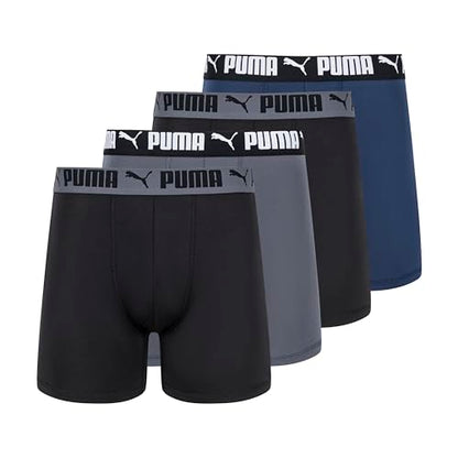 PUMA Men's 4 Pack Active Stretch Boxer Briefs, Blue/Black/Grey, Small