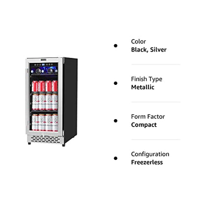 COLZER 15 inch Beverage Refrigerator with Glass Door 126 Cans Mini Beverage Cooler Under Counter Freestanding Built in Centre Garage Fridge with Lock for Drink Beer Soda Wine Water