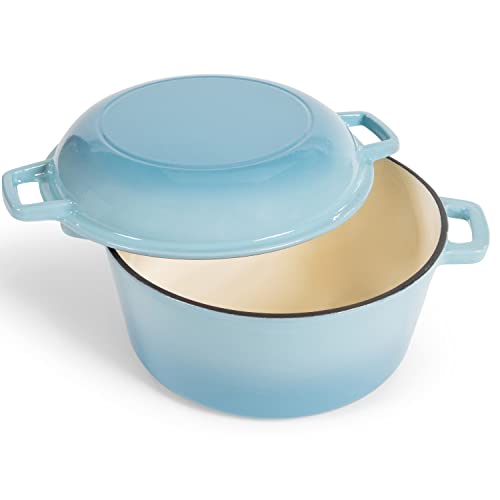 Bruntmor 2-in-1 Enamel Cast Iron Dutch Oven With Handles - Crock Pot Sky Blue Cast Iron pot with Skillet lid - All-in-One Cookware Braising Pan for Casserole Dish - 5 Quart, Sky Blue