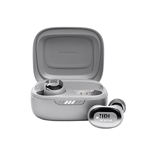 JBL Live Free 2: 35 Hours of Playtime, True Adaptive Noise Cancelling, Smart Ambient, and beamforming mics (Silver), Small