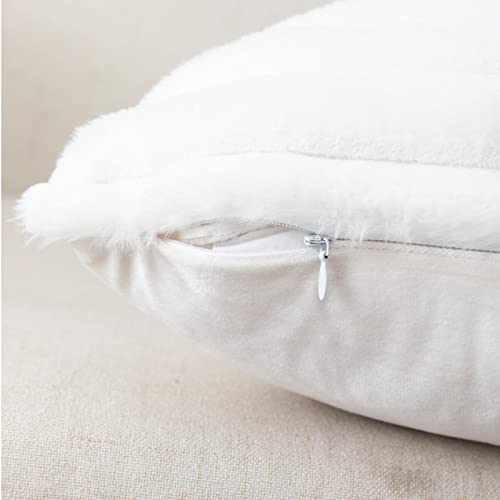 ZLINA Set of 2 Faux Fur Plush Cream White Throw Pillow Covers Fluffy Striped Pillowcase Cushion Covers 16 x 16 Inch Decor Sofa Couch Bedroom
