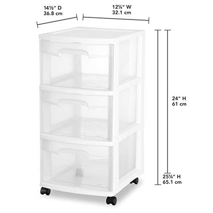 Sterilite 28308002 3 Drawer Cart, White Frame with Clear Drawers and Black Casters, 2-Pack