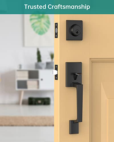 UYF Front Door Handle Set, Exteriort Door Lock Set with Single Cylinder Deadbolt and Lever, Reversible Entry Handleset for Right and Left Handed,Matte Black