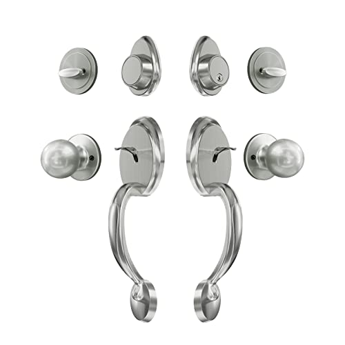 GUA OYH Double Door Handleset with Dummy Satin Nickel Door Handle Sets Double Front Door Handle Set Double Door Handles for Front Door or Office Door (Antique_1078)