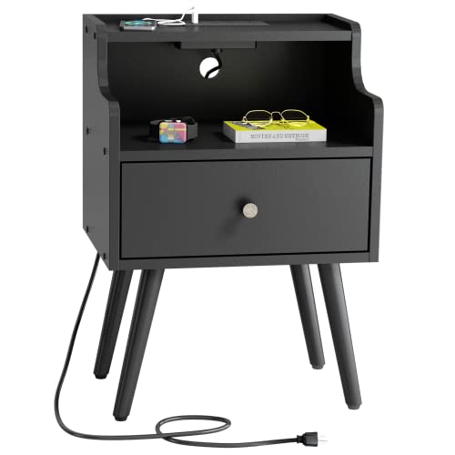 Nightstand with Drawer, Side Table with Charging Station, Mid-Century Modern End Table, 2-Tiers Storage Space Bedside Table with Solid Wood Legs, Black Night Stand for Living Room, Bedroom