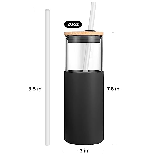 HeroFiber 20 oz Glass Tumbler with Straw and Lid, Bamboo Lids Water Bottle, Iced Coffee Cup Reusable, Straw Silicone Protective Sleeve – 2 Amber & 2 Black