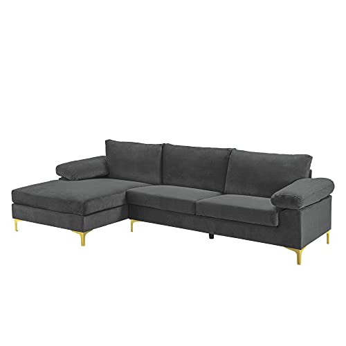 Casa Andrea Milano Modern Sectional Sofa L Shaped Velvet Couch, with Extra Wide Chaise Lounge and Gold Legs, Dark Grey