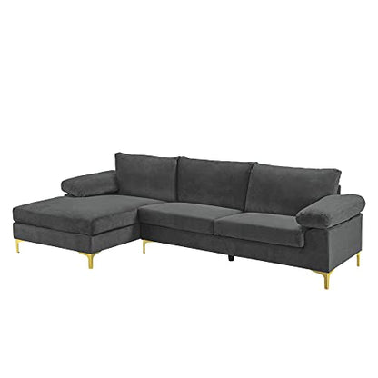Casa Andrea Milano Modern Sectional Sofa L Shaped Velvet Couch, with Extra Wide Chaise Lounge and Gold Legs, Dark Grey