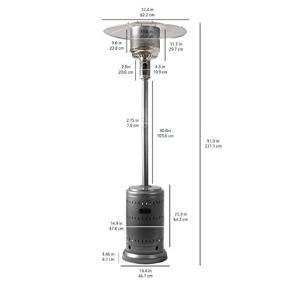Amazon Basics 46,000 BTU Outdoor Propane Patio Heater with Wheels, Commercial & Residential, Slate Gray, 32.1 x 32.1 x 91.3 inches (LxWxH)