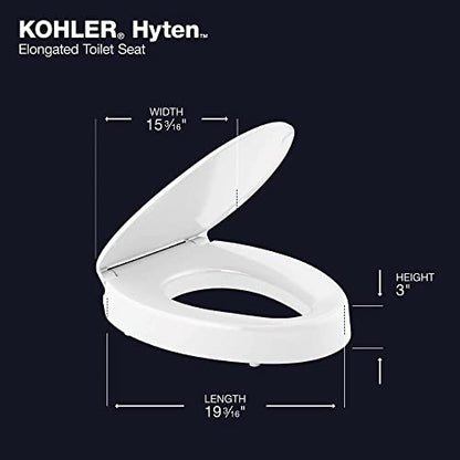 KOHLER 25875-0 Hyten Elevated Quiet-Close Elongated Toilet Seat, Contoured Seat with Grip-Tight Bumpers, Quick-Attach Hardware, White
