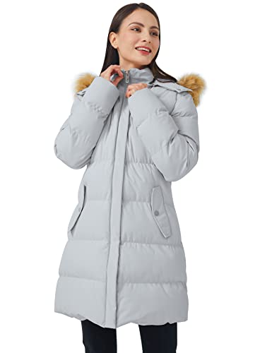 WenVen Women's Winter Long Puffer Coat Parka Outwear with Fur Hood (Grey, L)