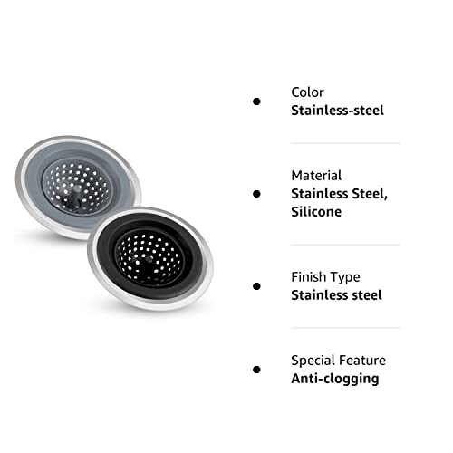 Kitchen Sink Drain Strainer 2 Pack Silicone Sink Stopper for Kitchen Sink with Stainless Steel Edge 4.5'' Diameter Rim