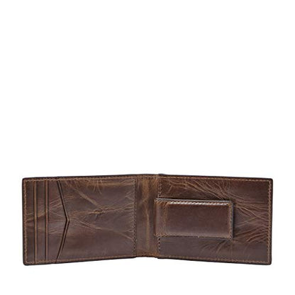 Fossil Men's Derrick Leather Slim Minimalist Magnetic Money Clip Bifold Front Pocket Wallet, Dark Brown