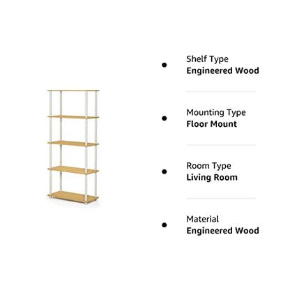 Furinno Turn-N-Tube 5-Tier Multipurpose Shelf / Display Rack / Storage Shelf / Bookshelf, Round Tubes, Beech/White
